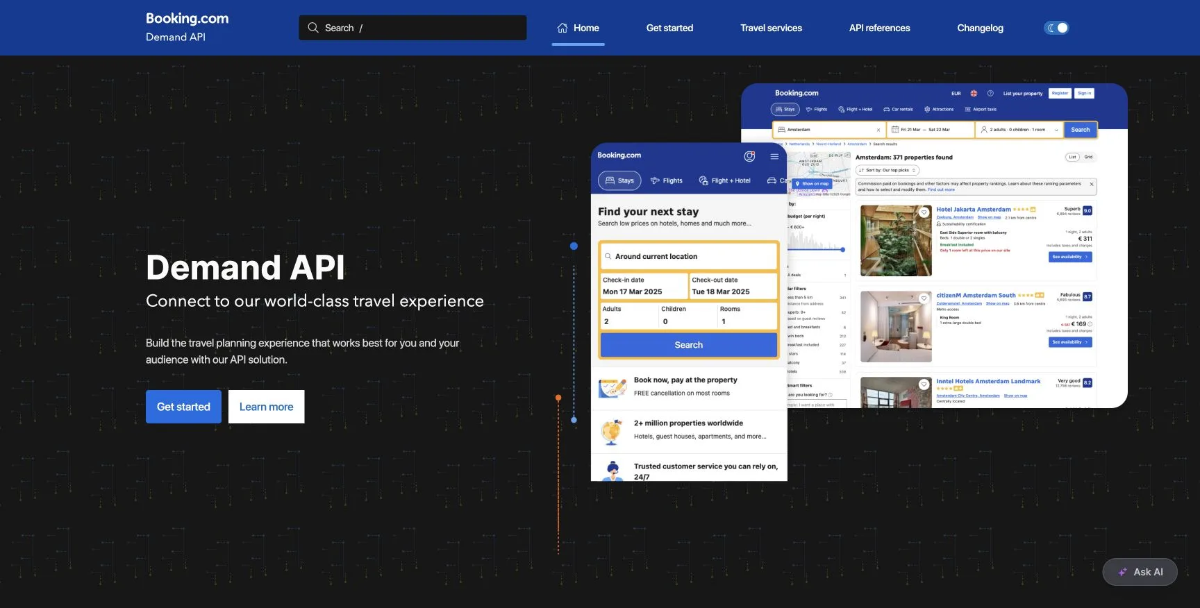 Official Booking.com Demand API overview showing the partner product and documented integration levels