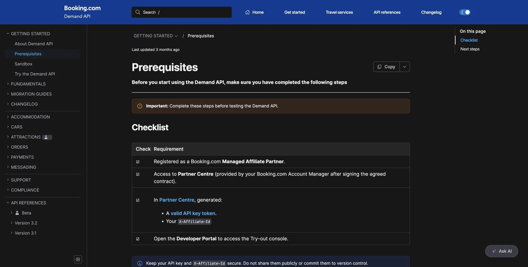 Partner access prerequisites for the Booking.com Demand API showing registration, contract, credentials, and the try-out console