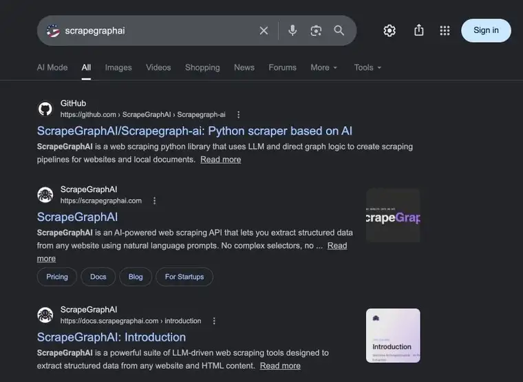 Google search results for scrapegraphai showing GitHub, the ScrapeGraphAI homepage, and ScrapeGraphAI documentation in the SERP