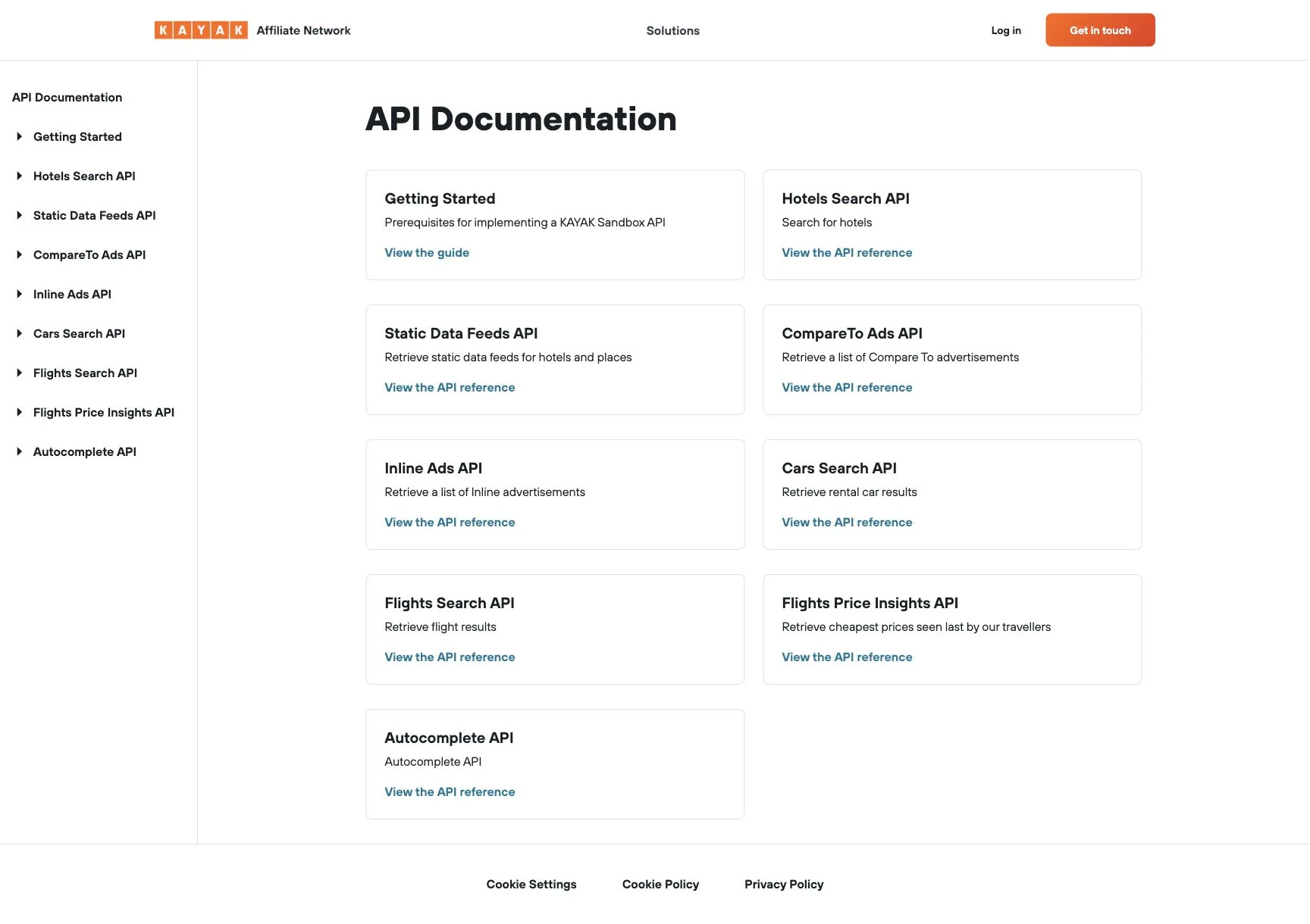 KAYAK developer documentation listing Getting Started, hotel, static feed, advertising, car, flight, price insight, and autocomplete API families