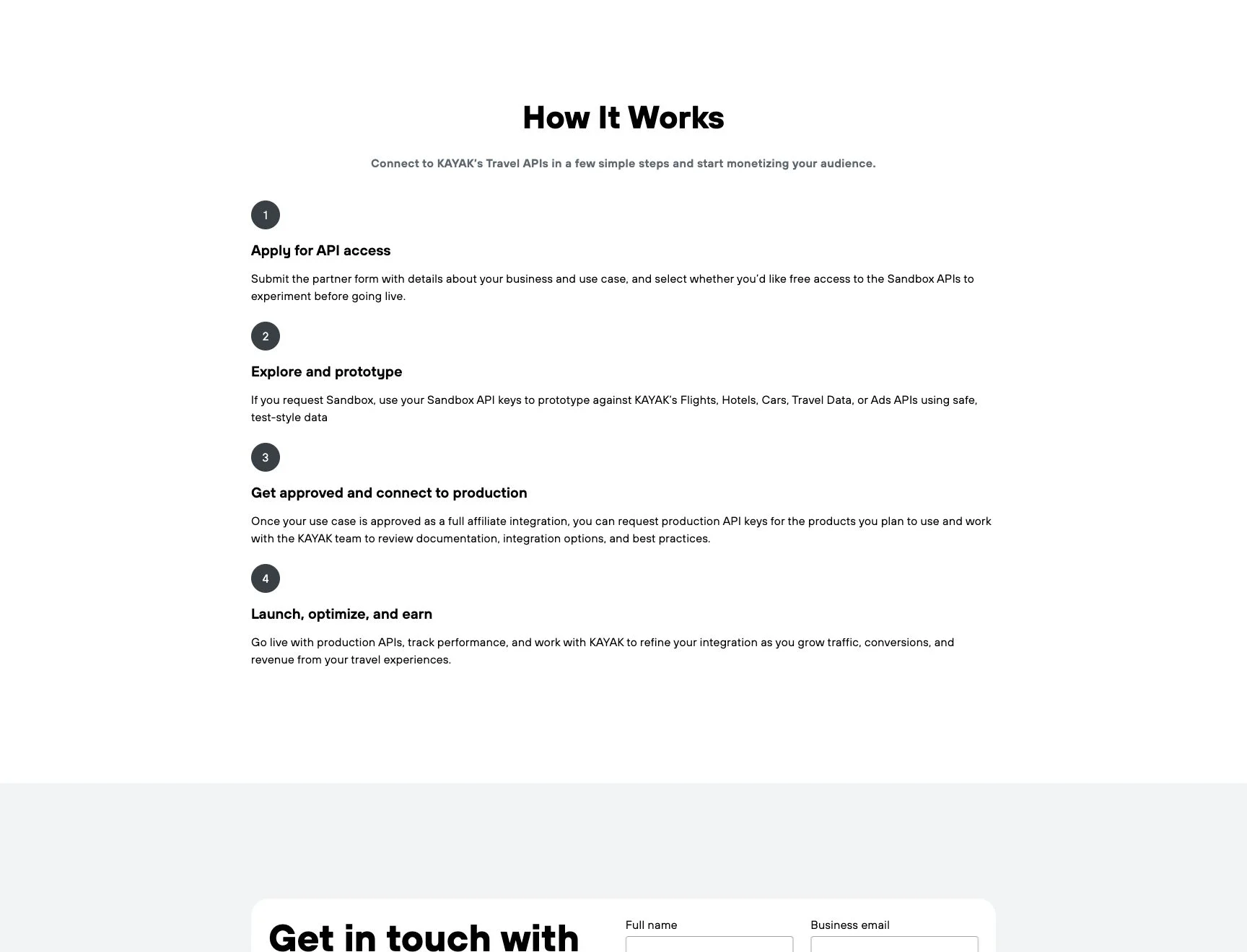 KAYAK affiliate access workflow showing the application, sandbox prototype, production approval, and launch steps