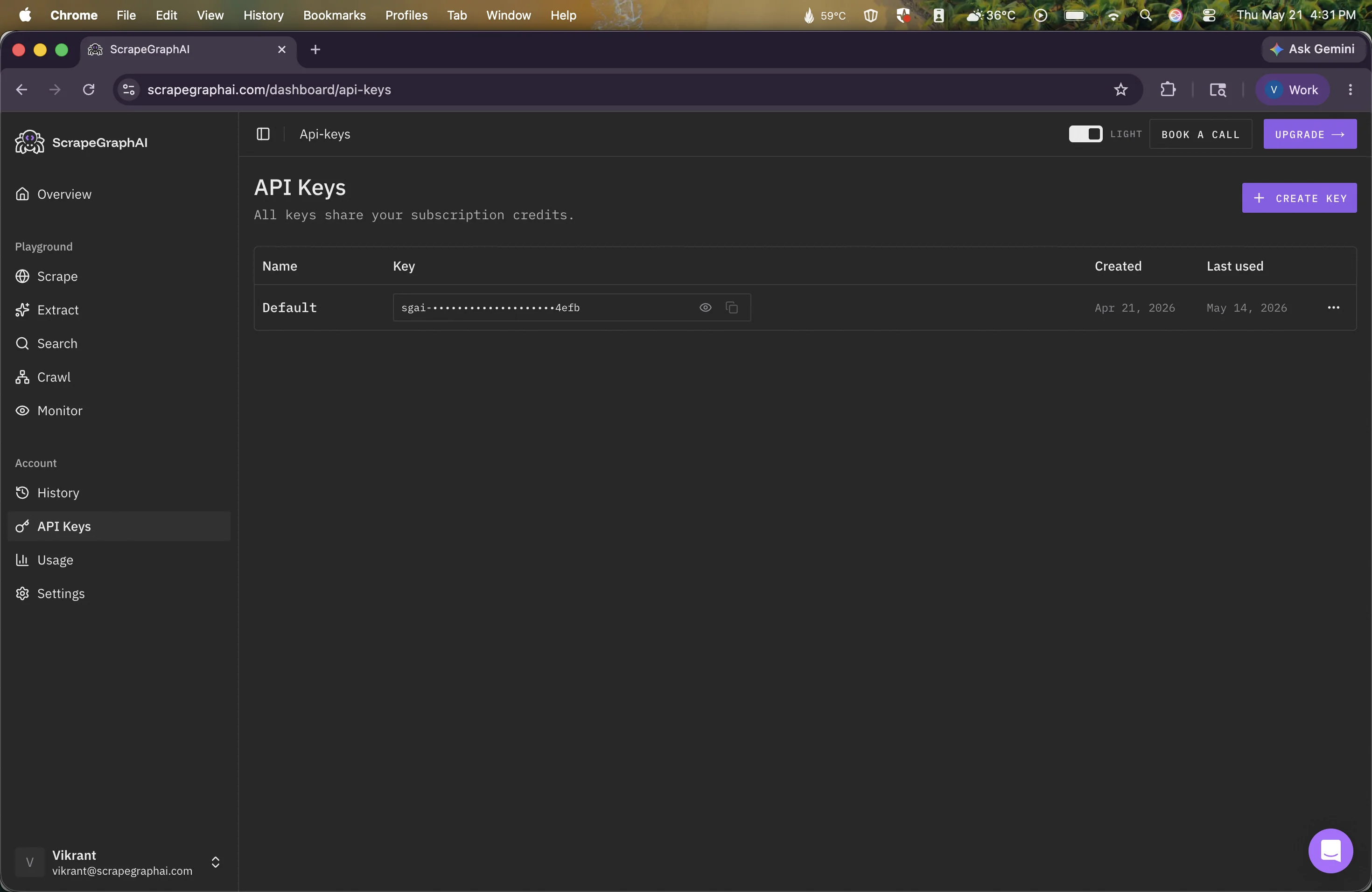 ScrapeGraphAI dashboard with the API key card and copy button