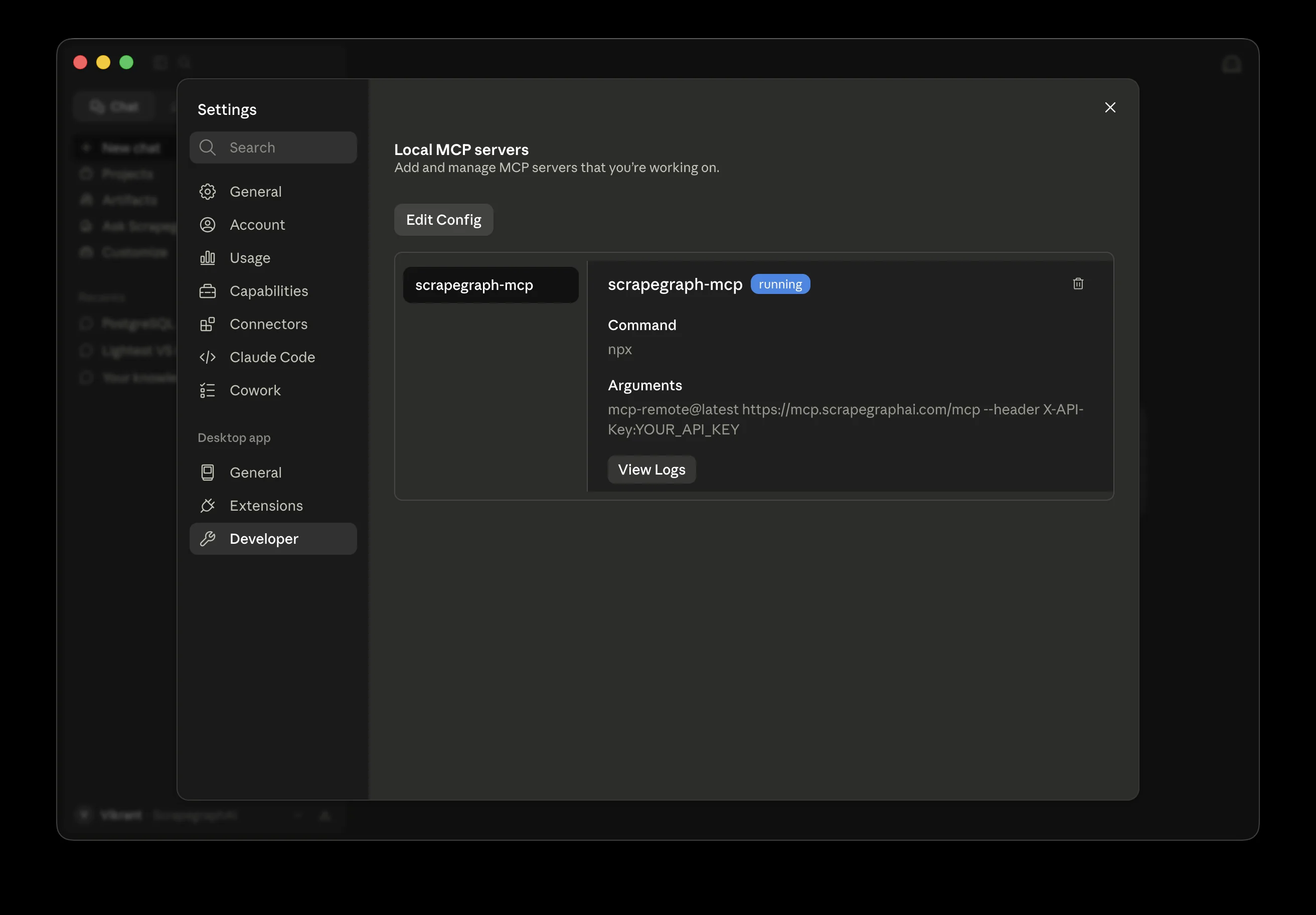 Claude Desktop Developer settings showing the Edit Config button and a running scrapegraph-mcp server
