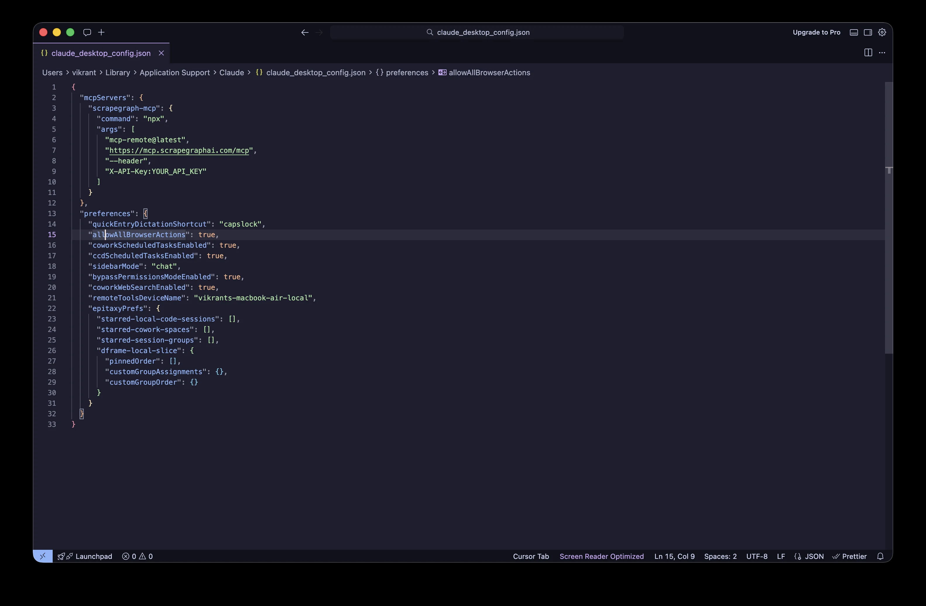 claude_desktop_config.json open in a code editor with the scrapegraph-mcp block visible