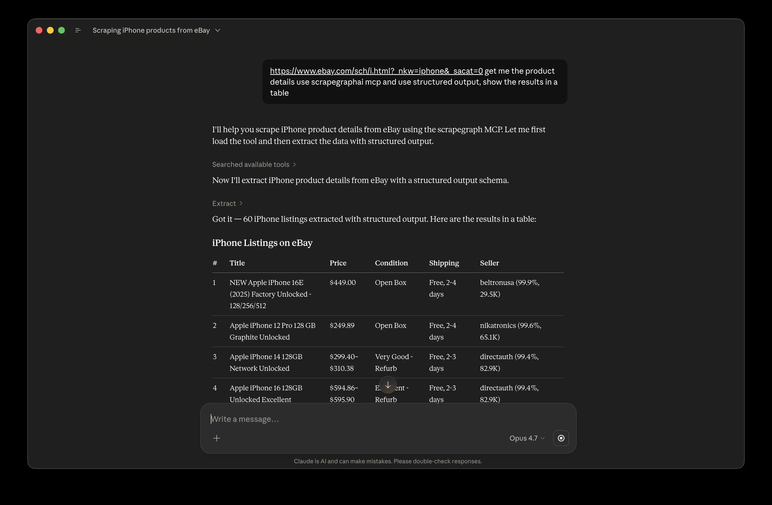 Claude returning a structured table of eBay iPhone listings after calling the scrapegraph tool
