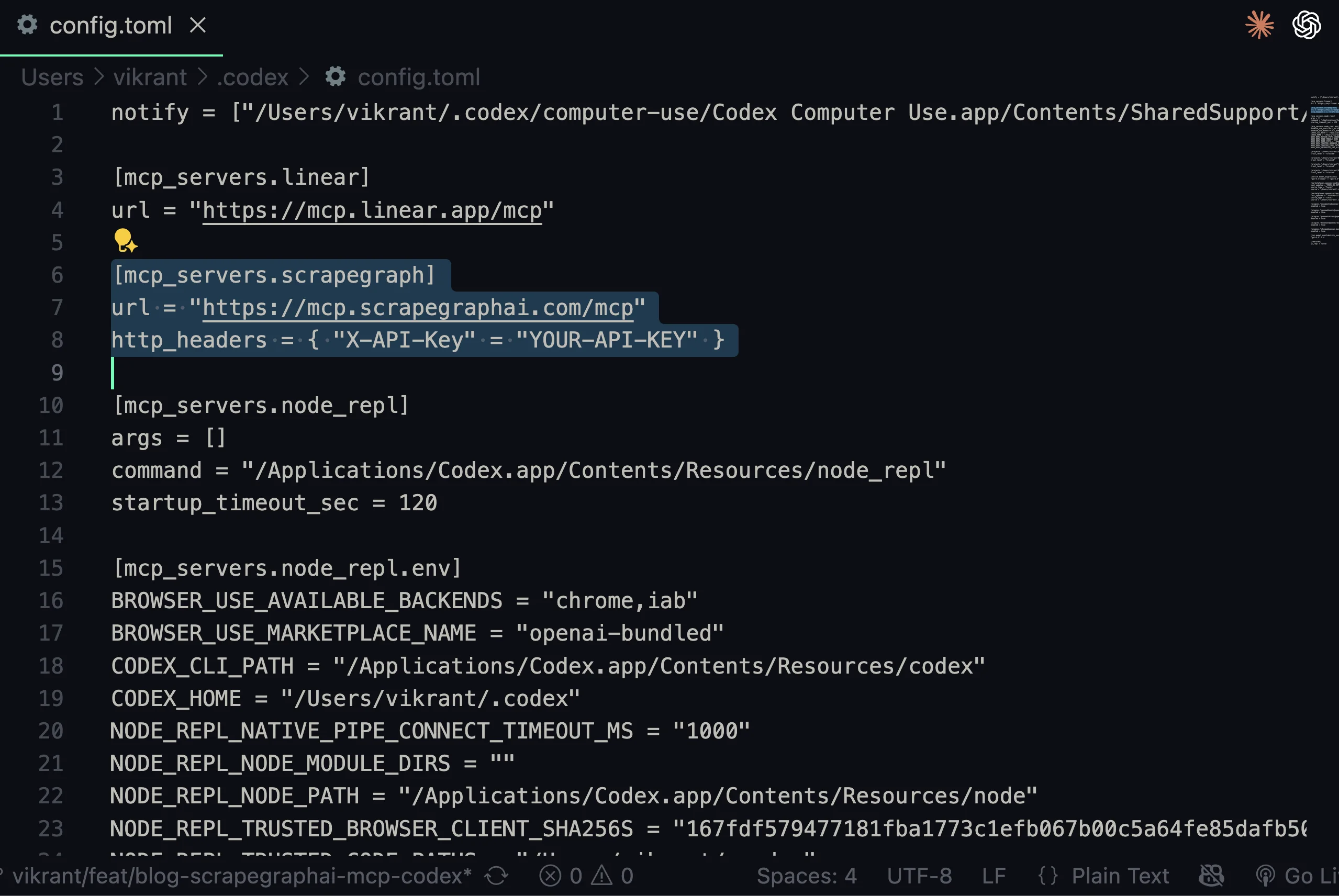 ~/.codex/config.toml open in a code editor with the scrapegraph MCP server block visible