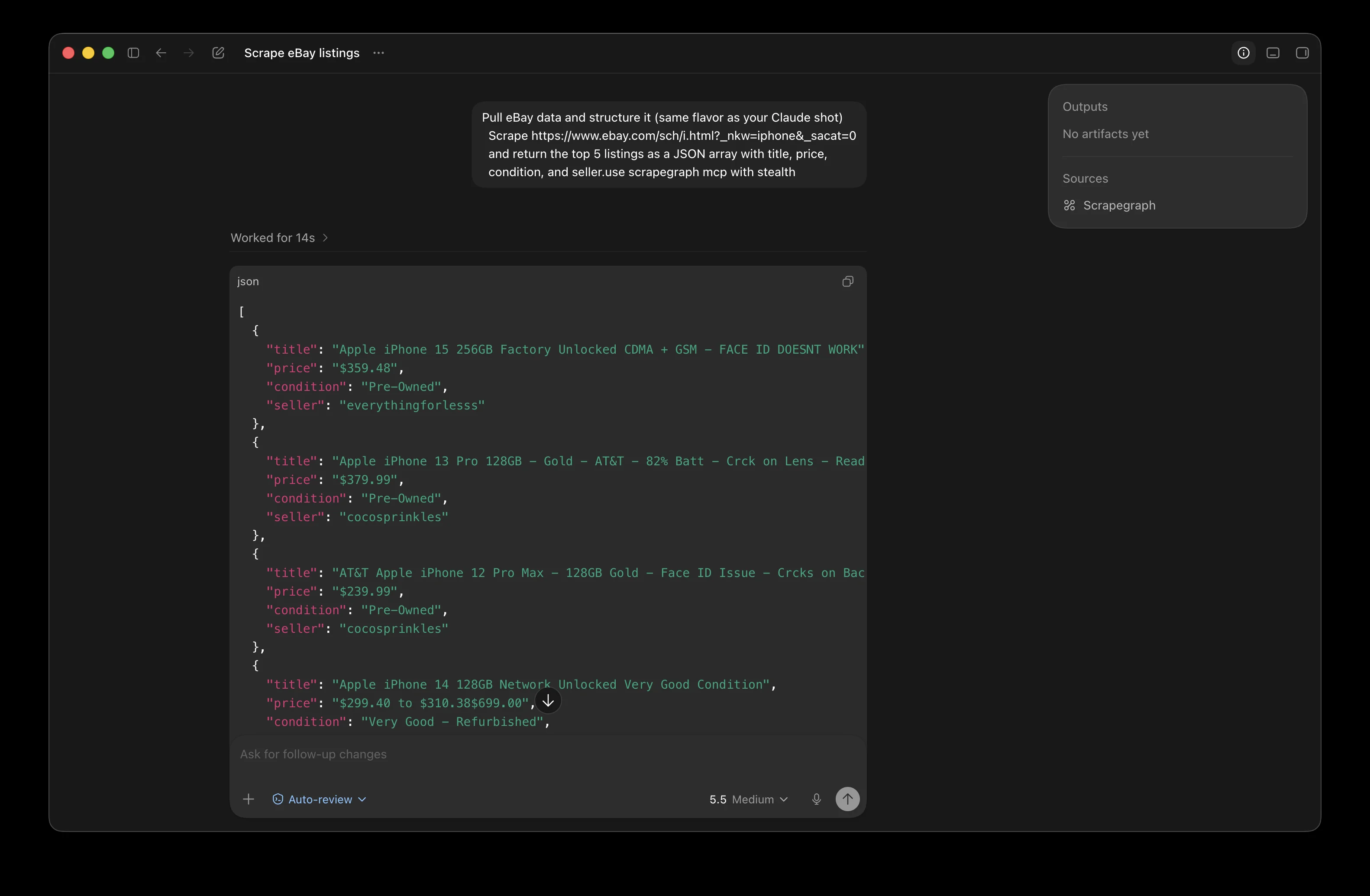 Codex returning a structured JSON array of eBay iPhone listings after calling the scrapegraph tool