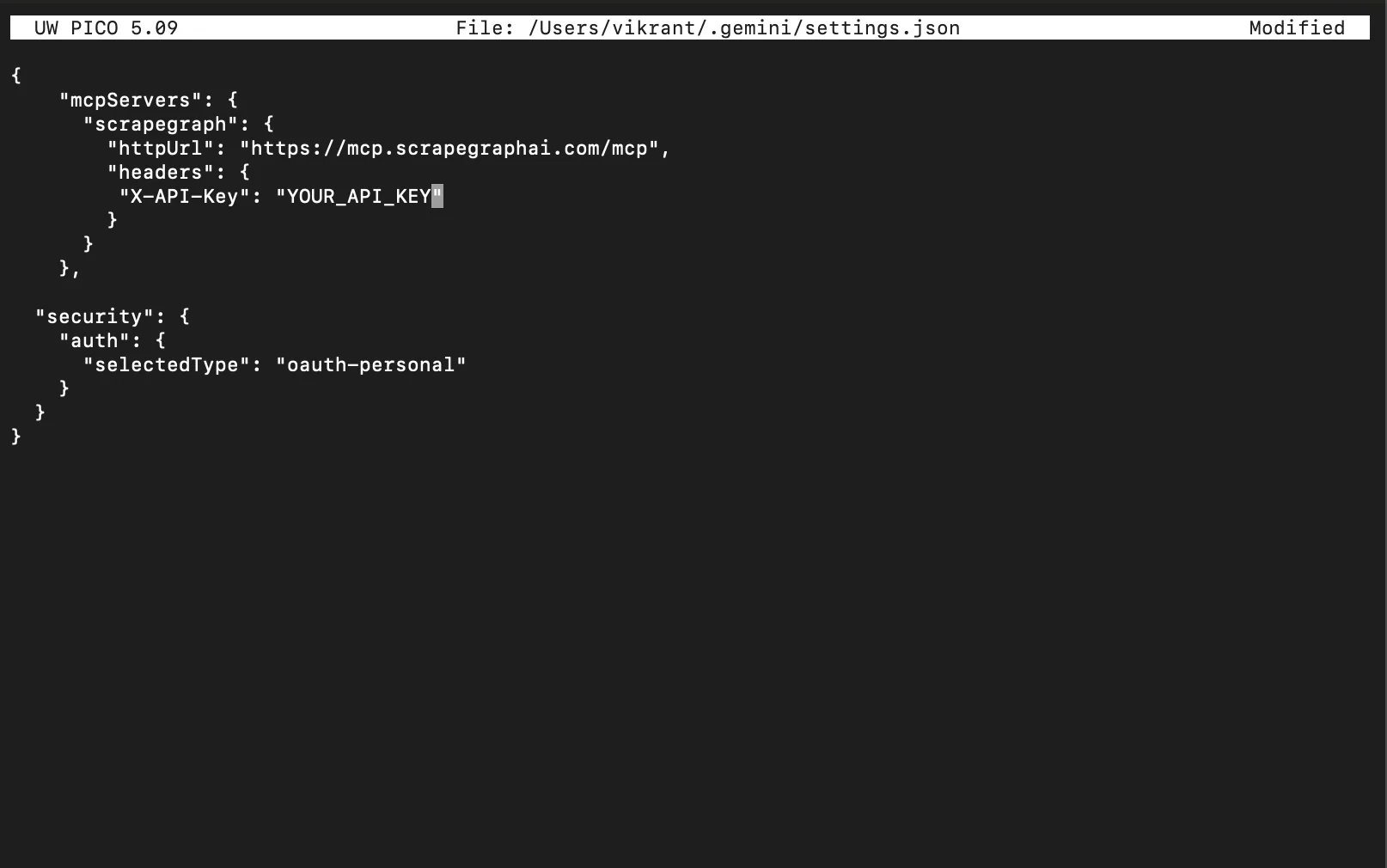 ~/.gemini/settings.json open in a code editor with the scrapegraph MCP server block visible