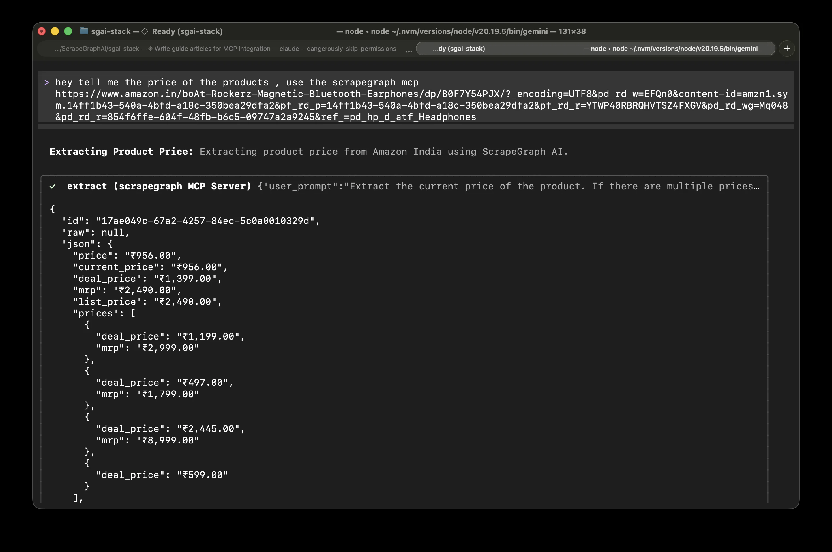 Gemini CLI returning structured data after calling the scrapegraph tool