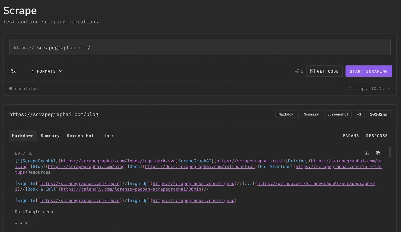 ScrapeGraphAI V2 scrape formats dashboard