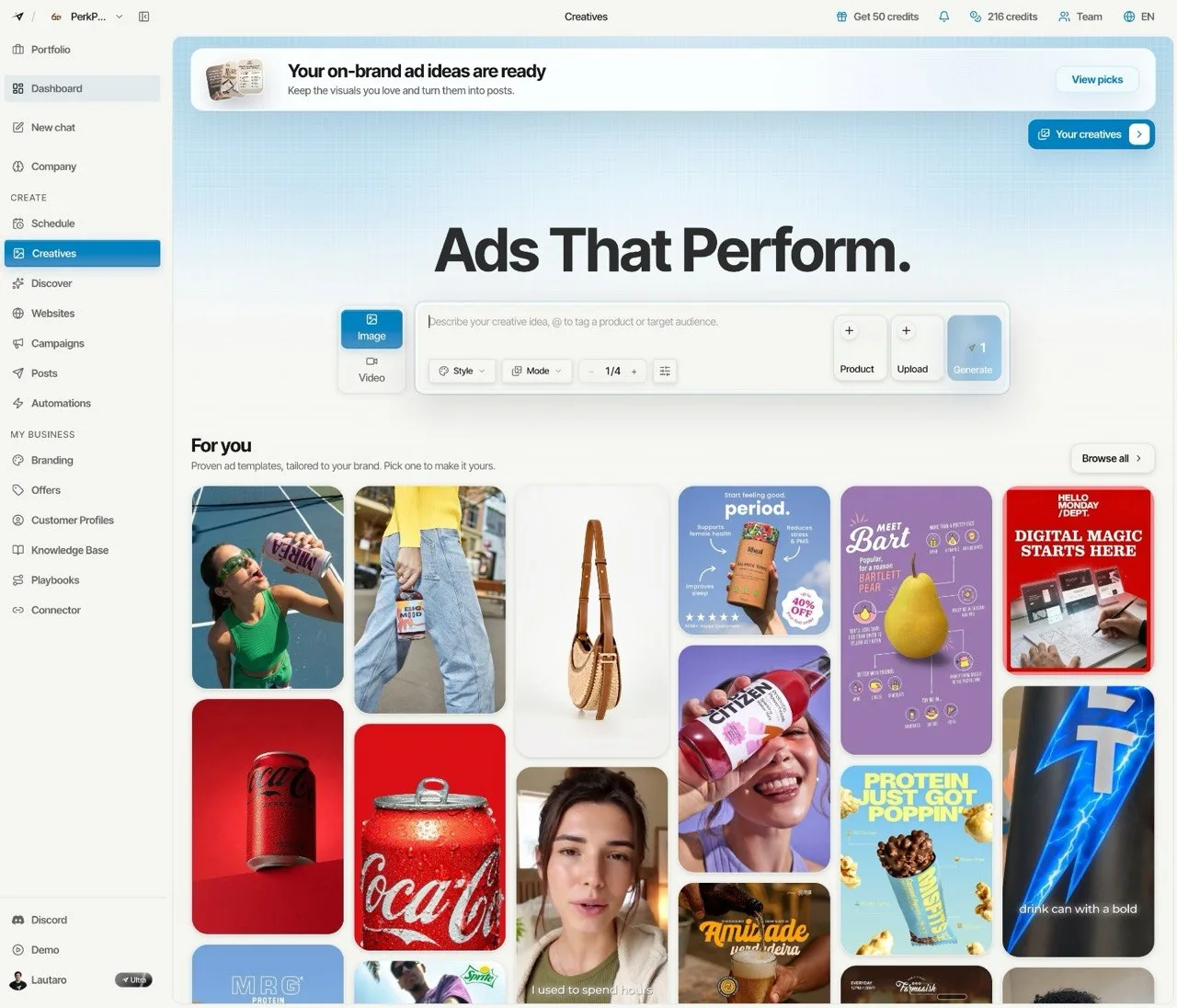 The Vibiz Creatives view, a gallery of on-brand ad templates generated for the customer