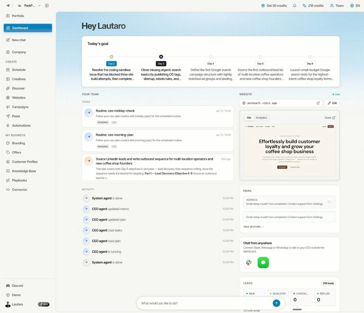 The Vibiz dashboard, showing the day-by-day plan, agent routines, lead pipeline, and live site preview for a customer business